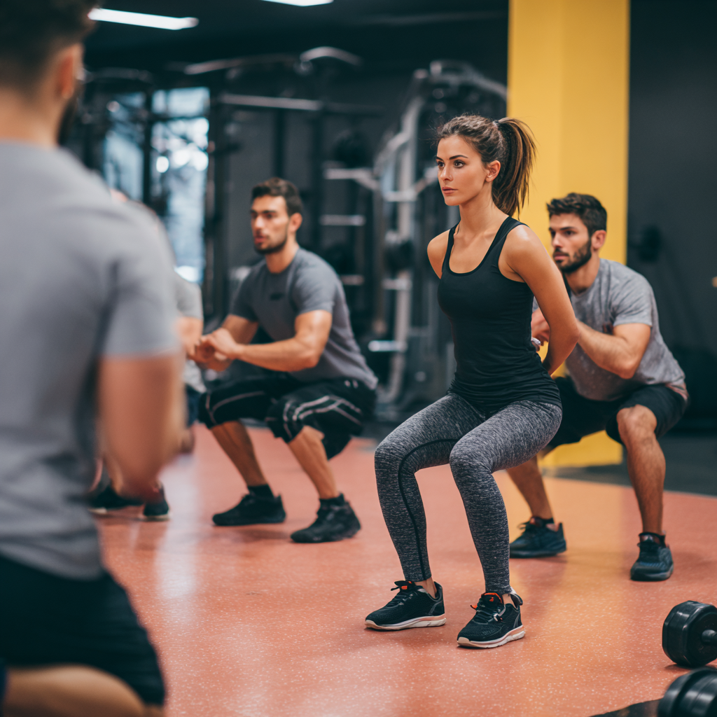 Усмихната българска жена на средна възраст в спортно облекло, демонстрираща правилна тренировъчна поза във фитнес зала