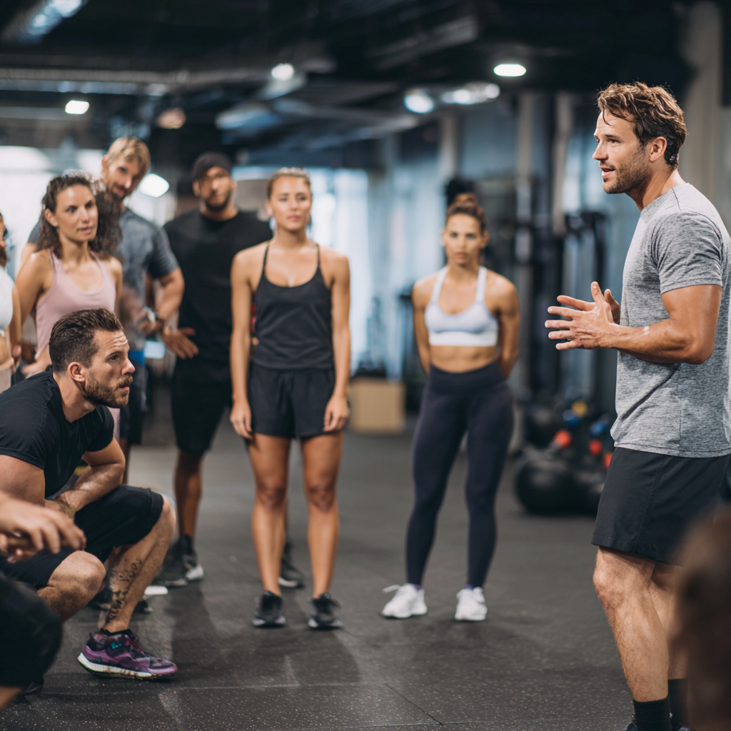 Група усмихнати български служители на различна възраст правят разтяжка и леки упражнения в офис пространство