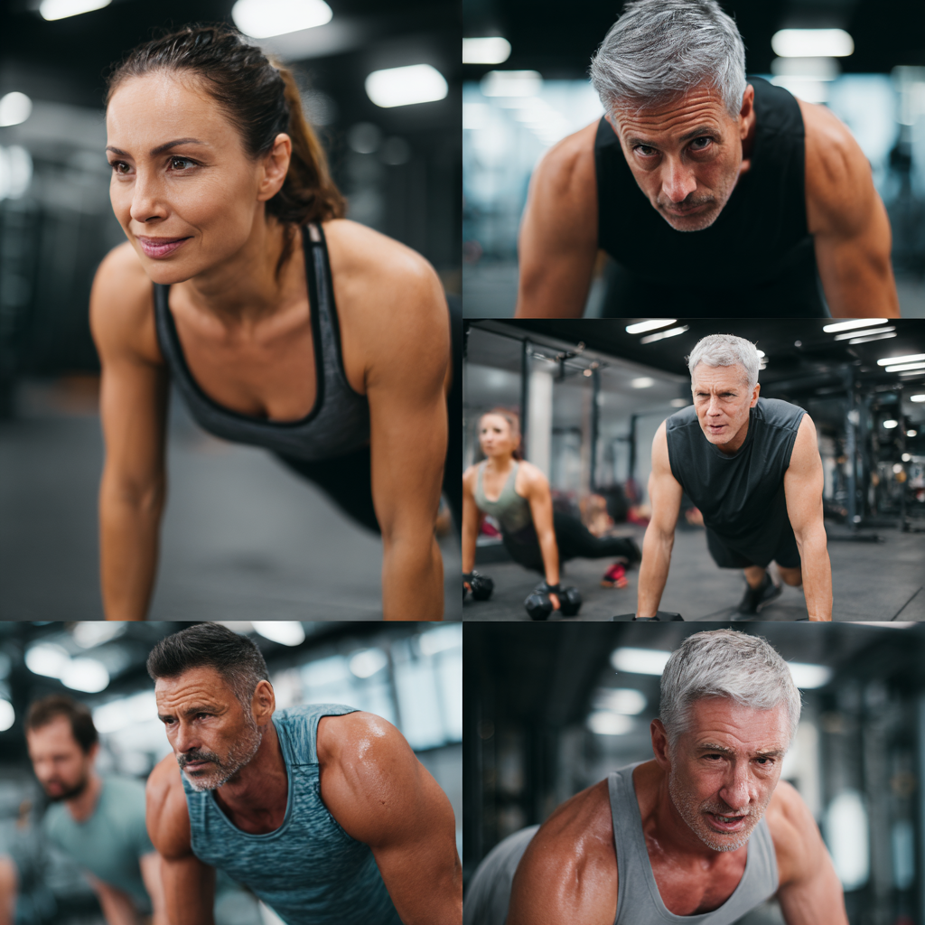 Усмихнат български мъж на средна възраст правi разтяжка след тренировка в спортен комплекс, демонстрираща правилна техника за предотвратяване на травми